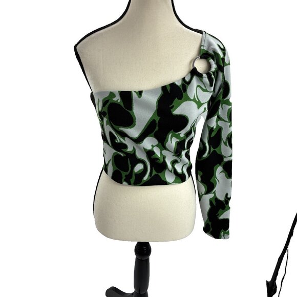 Zara Womens Size L One Shoulder Top Green Black Abstract Print Long Sleeve - Picture 1 of 6